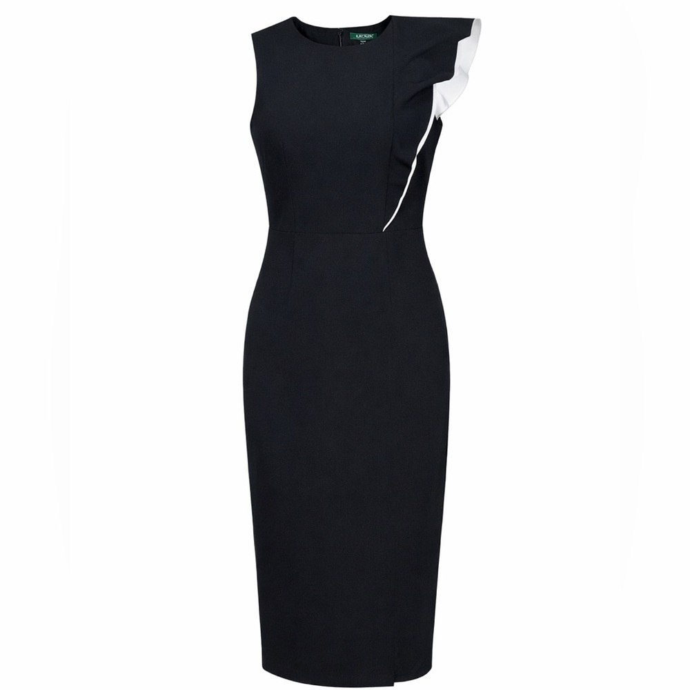 Lauren Ralph Lauren Women 14 Black White Ruffle Sleeve Sheath Cocktail Dress LBD
